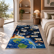 Moon Landing Journey Rug shown in a bedroom by a garden window