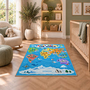 Travel Around the World Rug shown in a nursery with a cot and soft toys