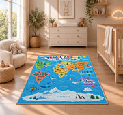Travel Around the World Rug shown in a sunlit nursery beside a white cot