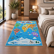 Travel Around the World Rug shown beside a bed with neutral bedding