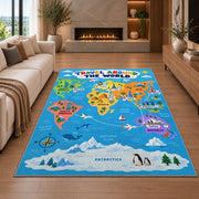 Travel Around the World Rug shown in a living room with a fireplace