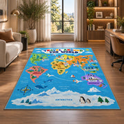 Travel Around the World Rug shown near large windows and a sofa