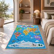 Travel Around the World Rug shown in a bedroom by a garden window
