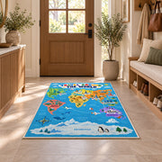 Travel Around the World Rug shown in an entryway near a wooden door