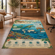 Ocean marine life field guide rug in a living room with a chair, shelves and sofa