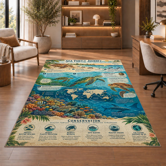 Ocean marine life field guide rug in a living room with a chair, shelves and sofa