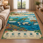 Ocean marine life field guide rug beside a cream sofa and large windows