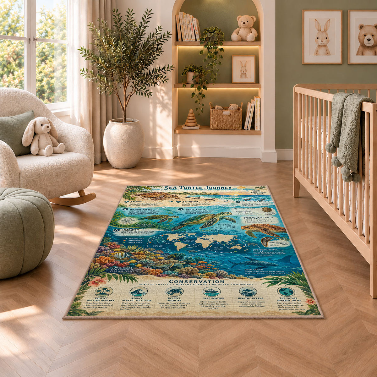 Ocean marine life field guide rug in a bright room with a reading chair and storage cabinet