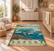 Ocean marine life field guide rug in a nursery beside a dresser and crib