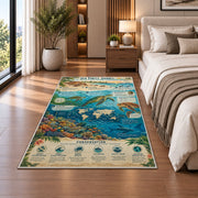 Ocean marine life field guide rug beside a sofa and fireplace