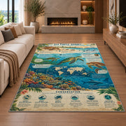 Ocean marine life field guide rug in a seating area with a sofa and fireplace