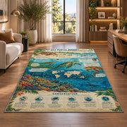 Ocean marine life field guide rug near an armchair, window and shelves