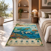 Ocean marine life field guide rug in a sunny room with an indoor plant and sofa