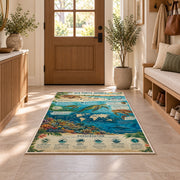Ocean marine life field guide rug in a bright entryway beside a cabinet and armchair