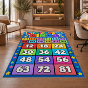 Multiplication grid rug in a living room with a chair, shelves and sofa
