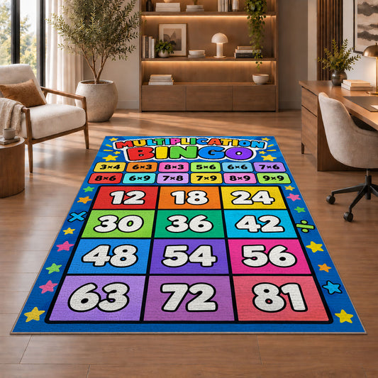 Multiplication grid rug in a living room with a chair, shelves and sofa