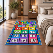 Multiplication grid rug beside a sofa and fireplace