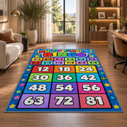 Multiplication grid rug near an armchair, window and shelves