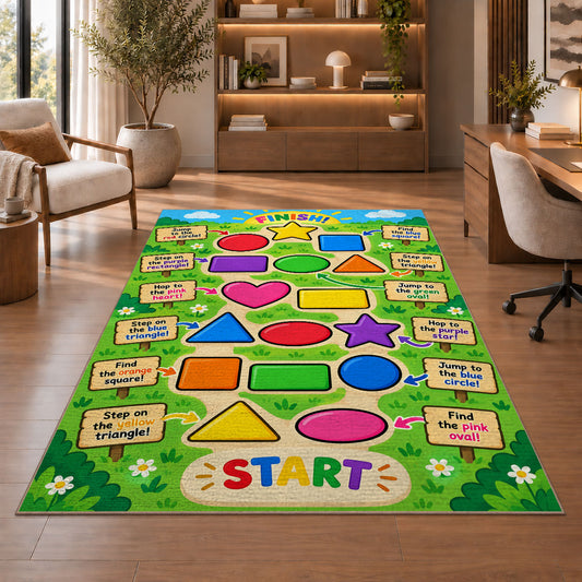 Shapes learning path rug in a living room with a chair, shelves and sofa