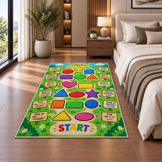 Shapes learning path rug beside a sofa and fireplace