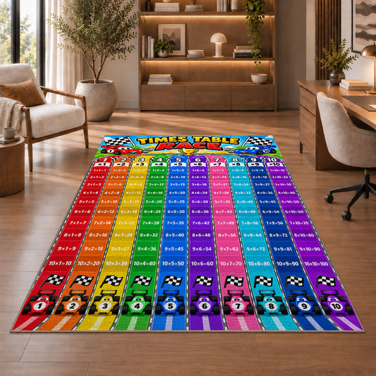 Rainbow times table rug in a living room with a chair, shelves and sofa