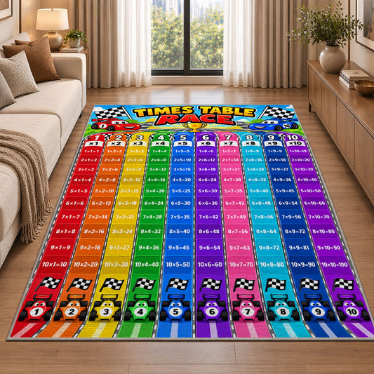 Rainbow times table rug beside a cream sofa and large windows