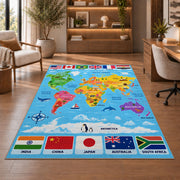 World map flags rug in a living room with a chair, shelves and sofa