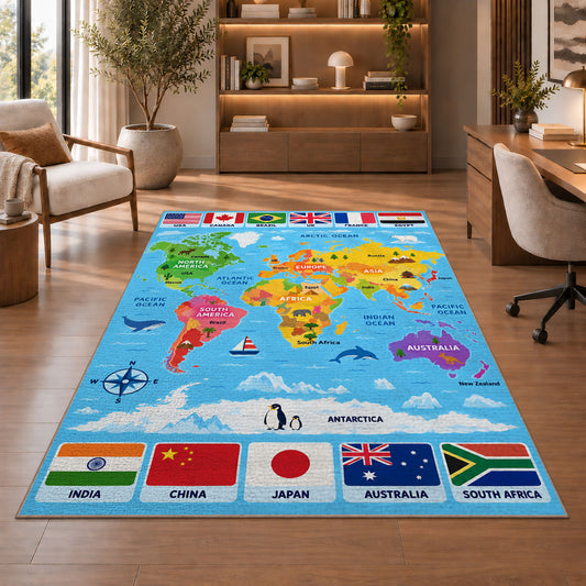 World map flags rug in a living room with a chair, shelves and sofa