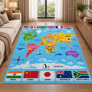 World map flags rug beside a cream sofa and large windows