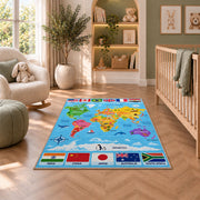 World map flags rug in a bright room with a reading chair and storage cabinet