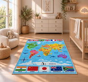World map flags rug in a nursery beside a dresser and crib