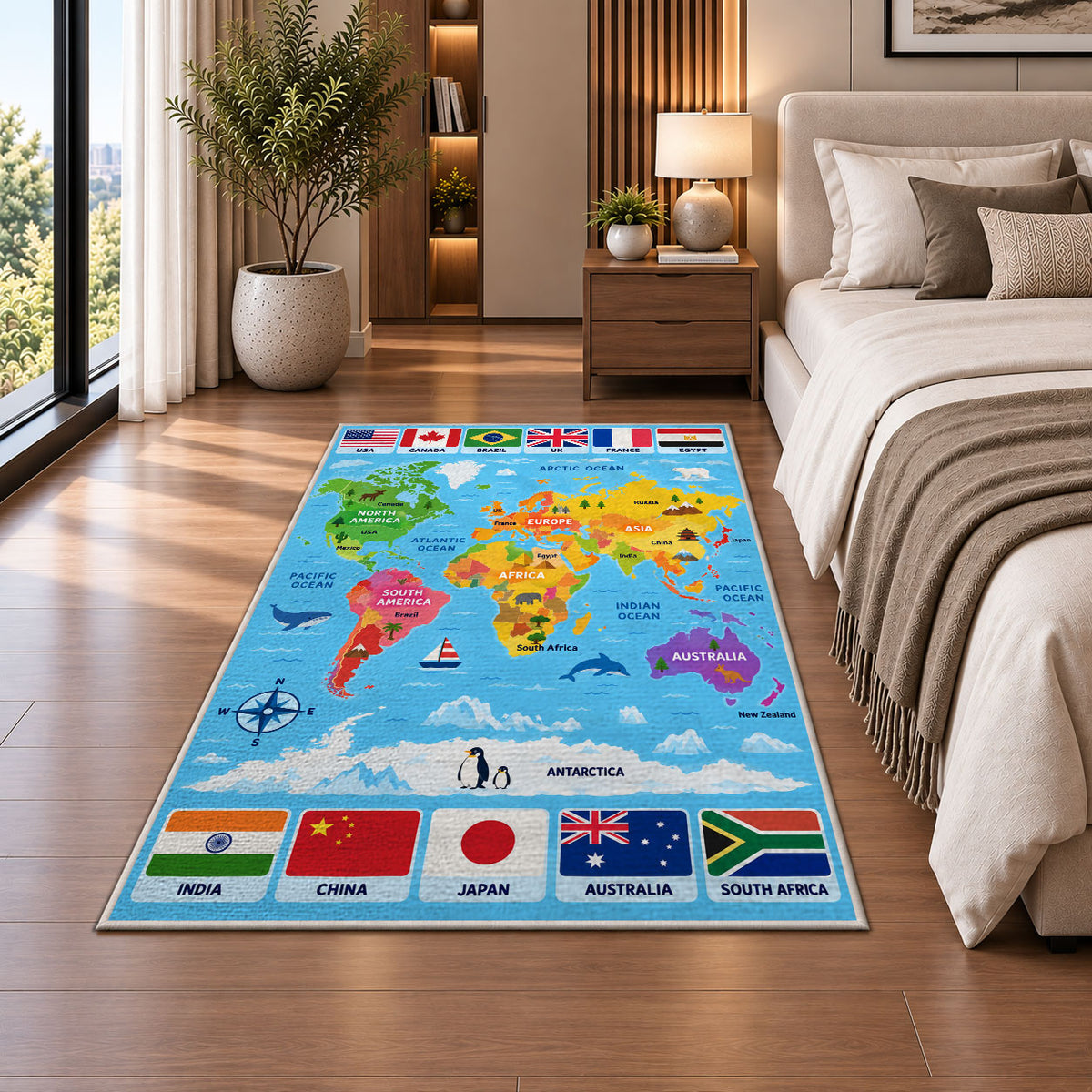 World map flags rug beside a sofa and fireplace