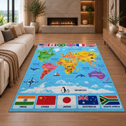 World map flags rug in a seating area with a sofa and fireplace