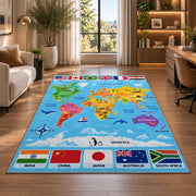 World map flags rug near an armchair, window and shelves