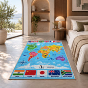 World map flags rug in a sunny room with an indoor plant and sofa