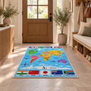 World map flags rug in a bright entryway beside a cabinet and armchair