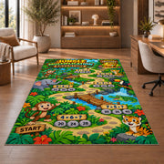 Jungle number trail rug in a living room with a chair, shelves and sofa