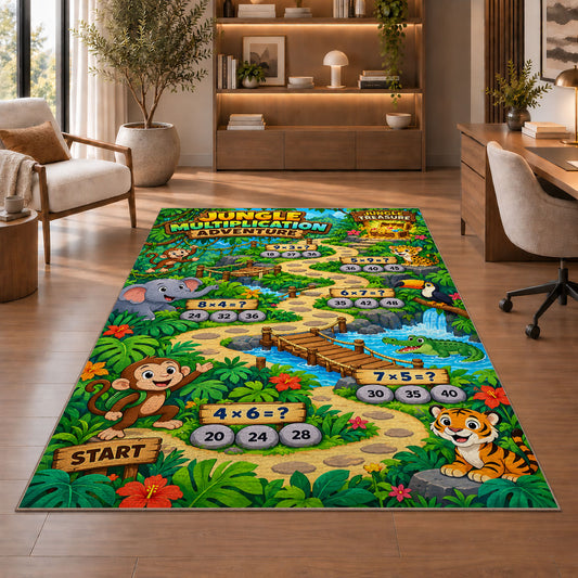 Jungle number trail rug in a living room with a chair, shelves and sofa