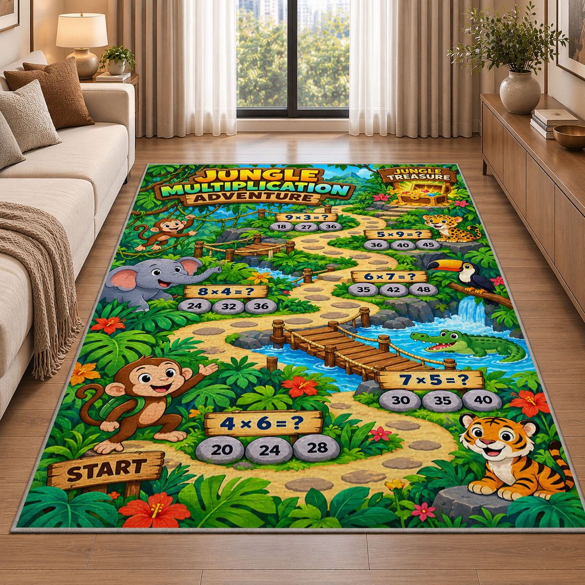 Jungle number trail rug beside a cream sofa and large windows