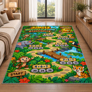 Jungle number trail rug beside a cream sofa and large windows