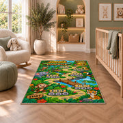 Jungle number trail rug in a bright room with a reading chair and storage cabinet