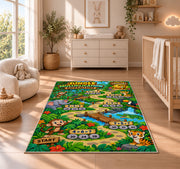 Jungle number trail rug in a nursery beside a dresser and crib