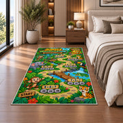 Jungle number trail rug beside a sofa and fireplace