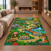 Jungle number trail rug in a seating area with a sofa and fireplace