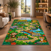 Jungle number trail rug near an armchair, window and shelves