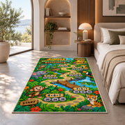 Jungle number trail rug in a sunny room with an indoor plant and sofa