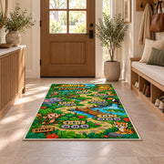 Jungle number trail rug in a bright entryway beside a cabinet and armchair