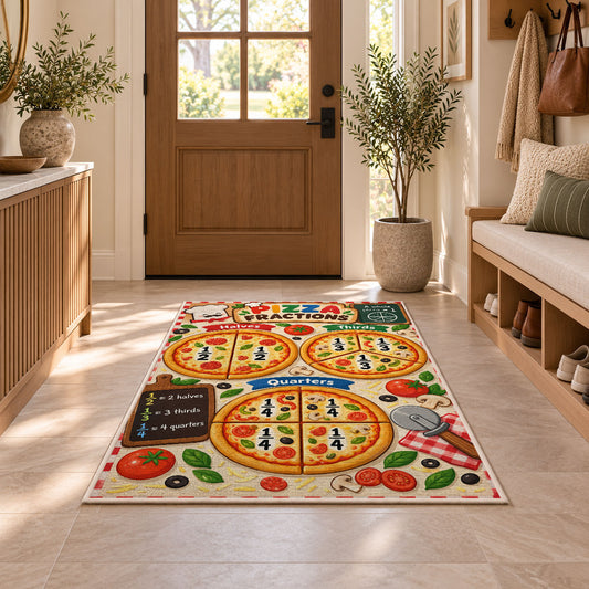 Pizza fractions rug in a bright entryway beside a cabinet and armchair