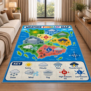 Weather world map rug beside a cream sofa and large windows