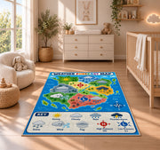 Weather world map rug in a nursery beside a dresser and crib